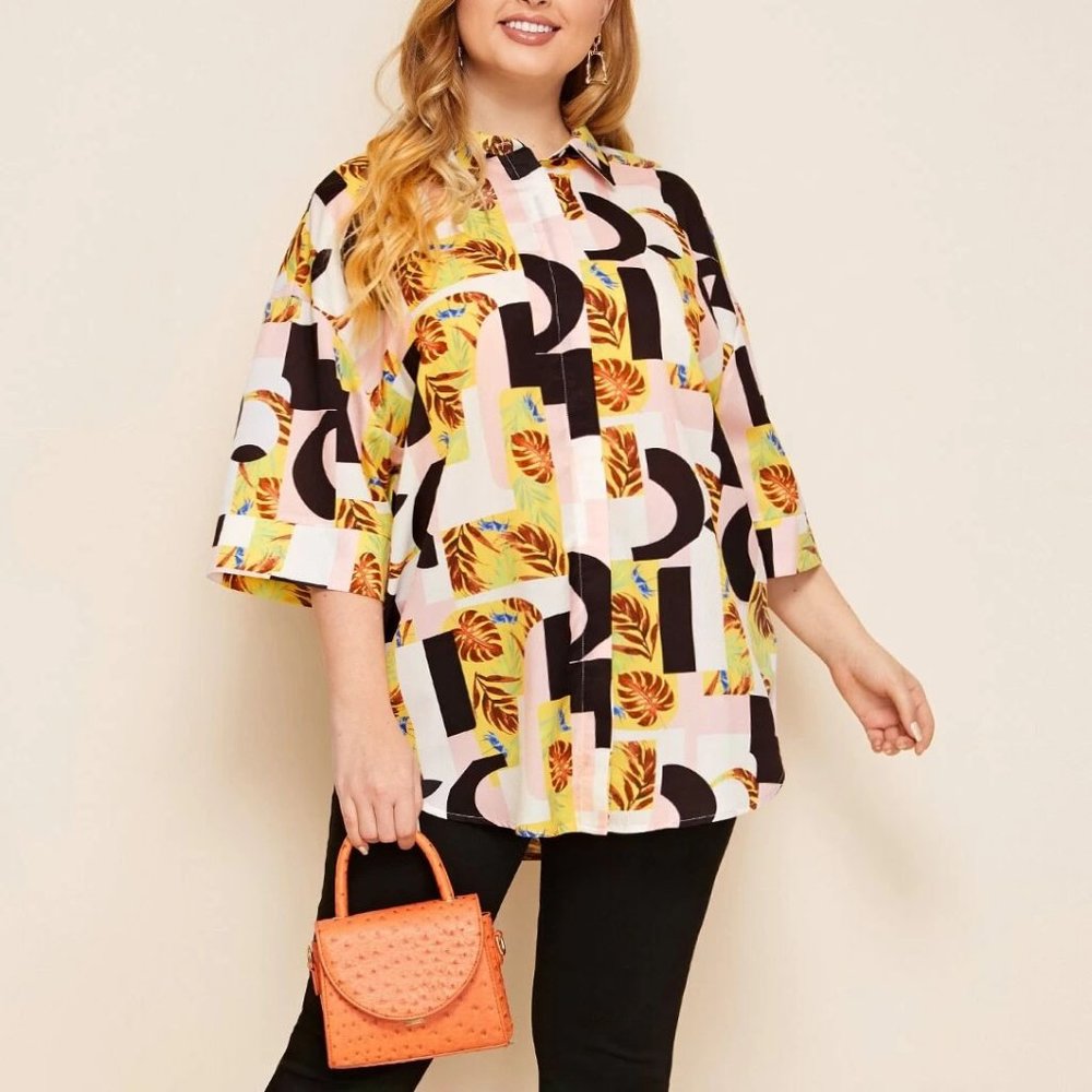 Plus Tropical & Letter Print Hidden Placket Blouse, Size 2X